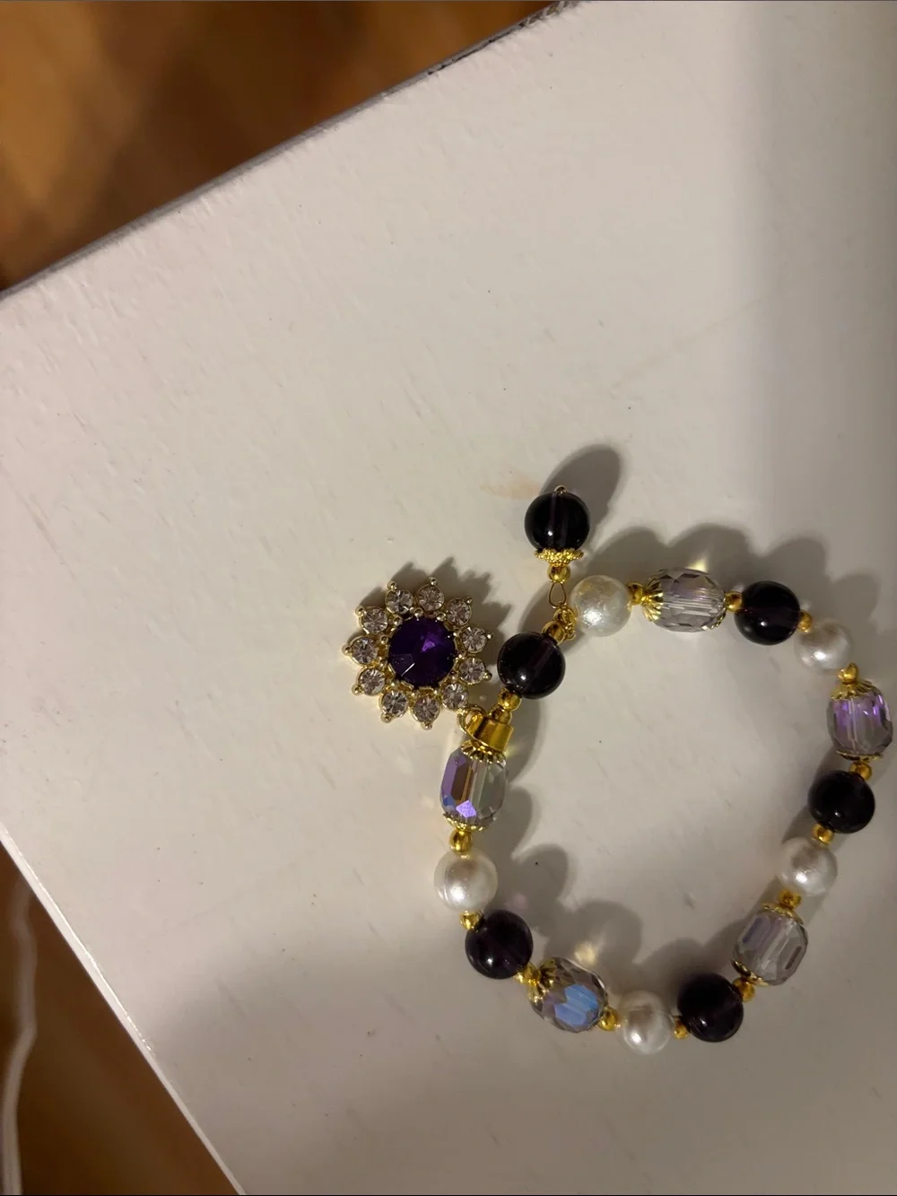 Gold-Tone Amethyst Bead Stretch Bracelet with Pearl Accents